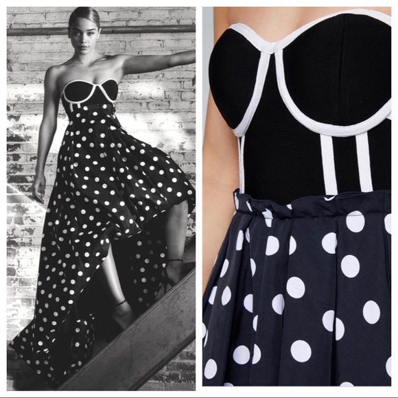 BEBE Whitney Polka Dot Hi Low Contrast Trim Gown - Picture 2 of 8